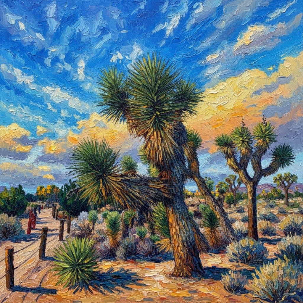Joshua Trees in Golden Hour, Impressionist Impasto