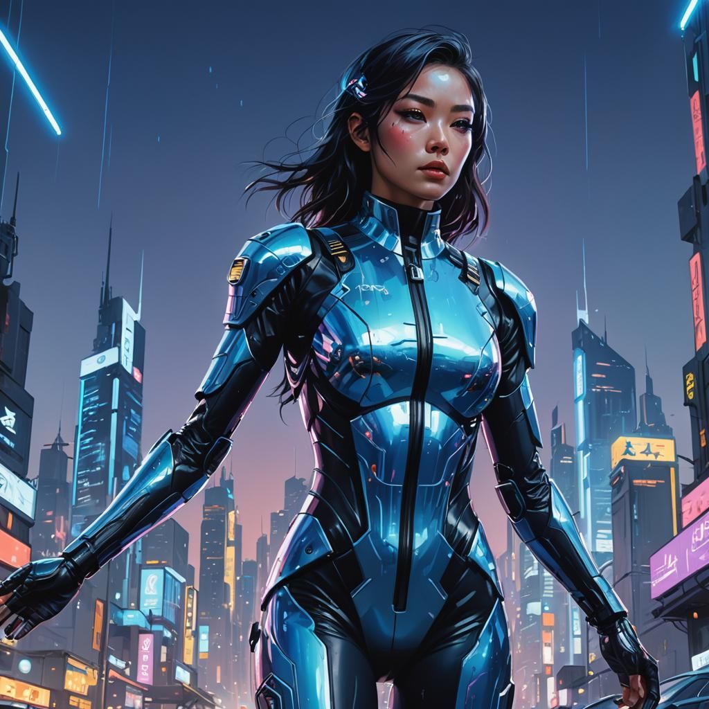 Cyberpunk Female Warrior Triumphant in Neon Cityscape
