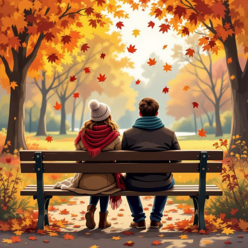 Cozy Couple Watching Autumn Leaves Fall