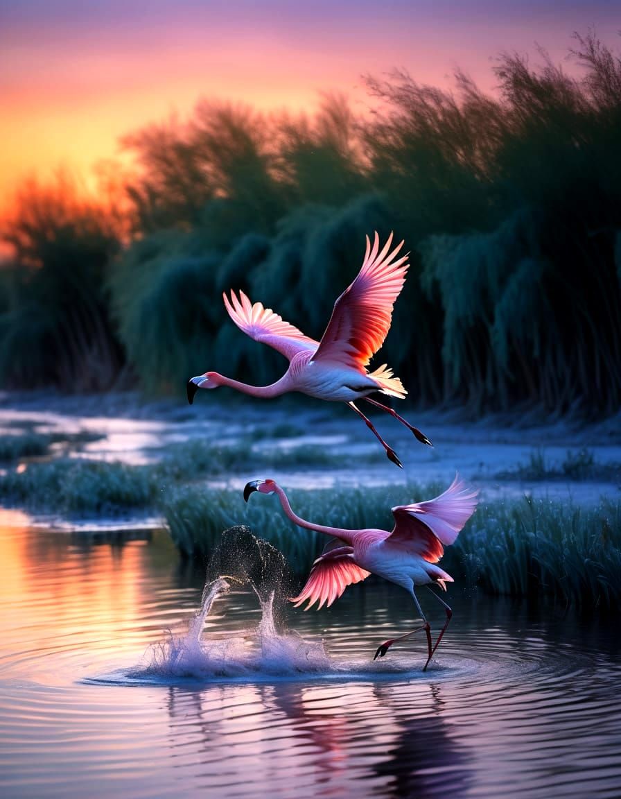 Flamingos Flying Over River at Twilight