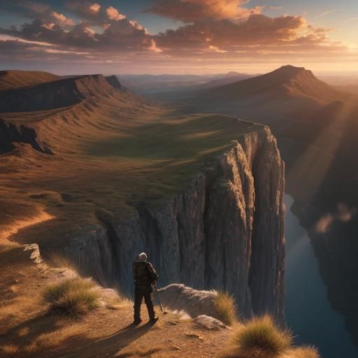 Epic Cinematic Landscape with Lone Figure at Sunset