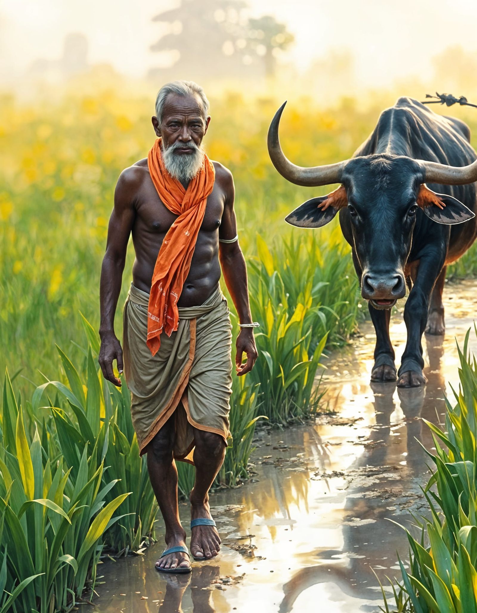 Rural Cambodian Farmer Ploughing Rice Paddy in Impressionist...
