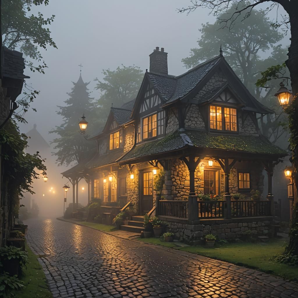 Quaint Village Inn in the Mist: Watercolor Sketch