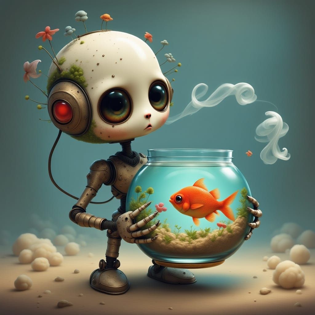 <lora:Gom Flux Experience:1.0> Cute robot holding a fishbowl