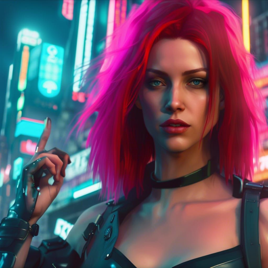 Cyberpunk Tank Girls Walking Through Neon City