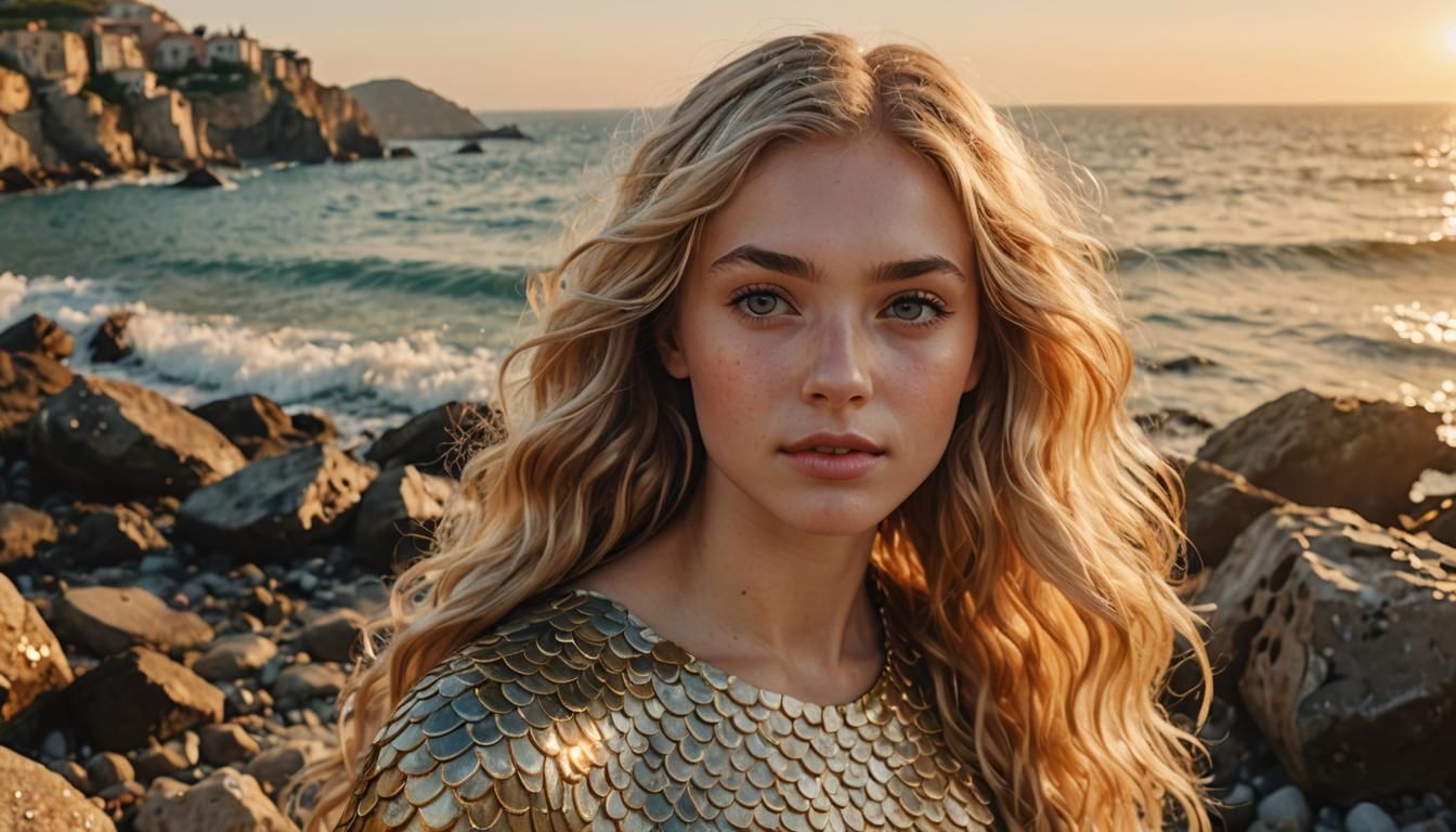 Mermaid Portrait with Golden Scales in Soft Light