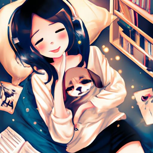 Woman Relaxing with Dog in Anime Style
