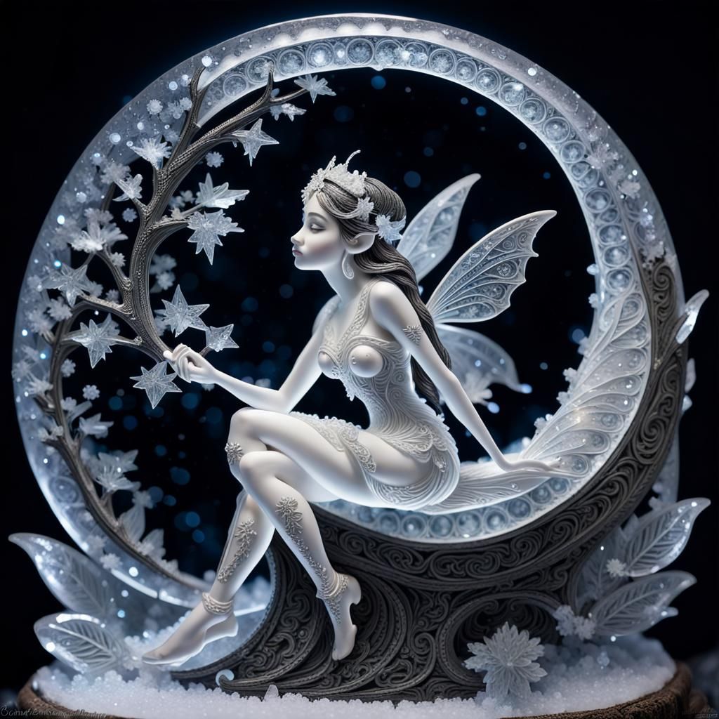 Carved Ice Fairy on Moon in Blizzard