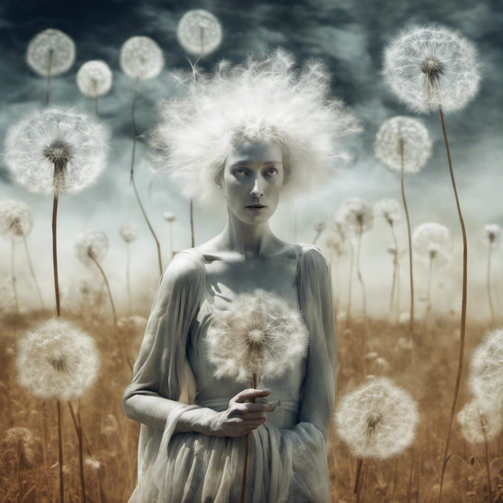 Fairy Woman in Dandelion Dreamscape: Infrared Photography