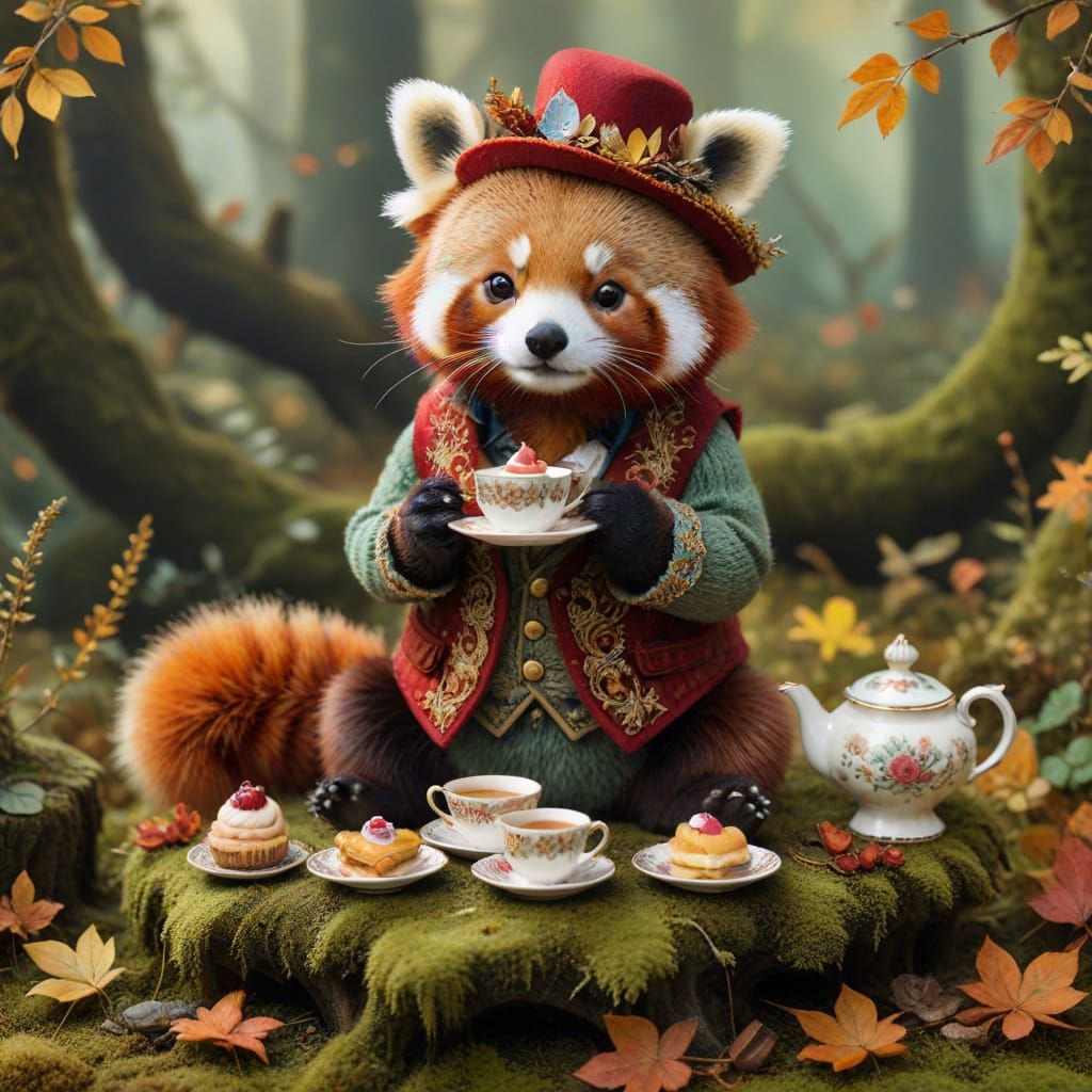 Red Panda Enjoys Tea Party in Autumn Forest