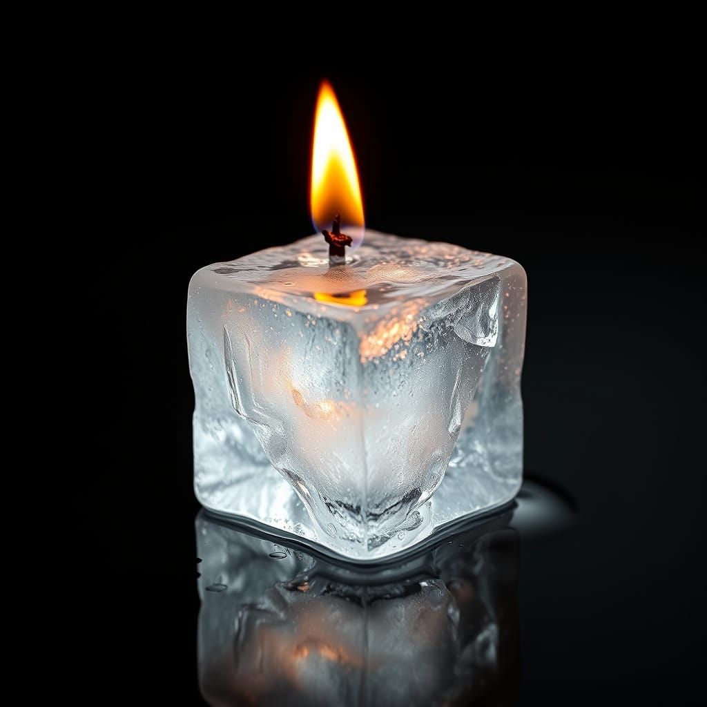Burning Ice Cube Melting on Mirror Surface