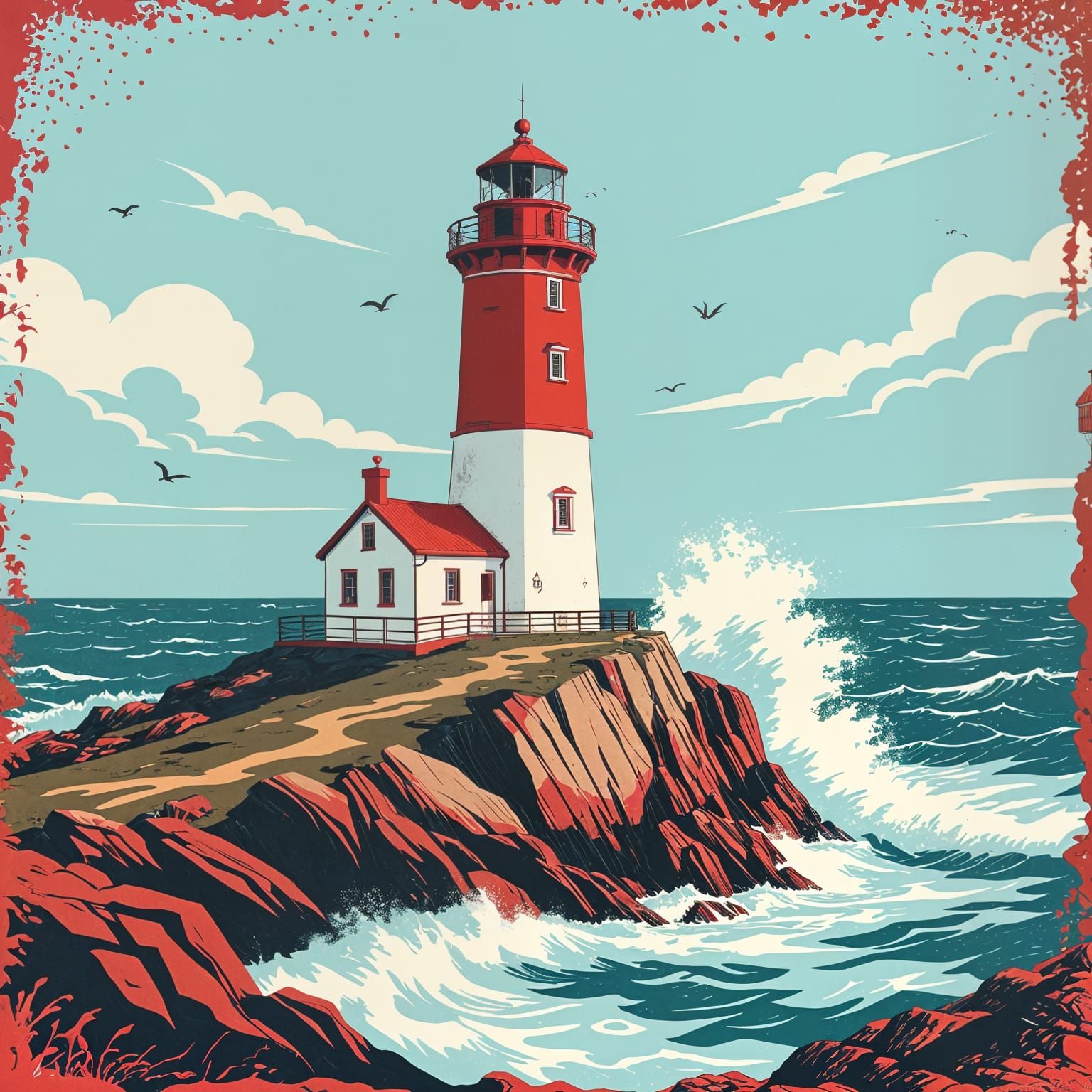 Red and White Lighthouse Risograph Print