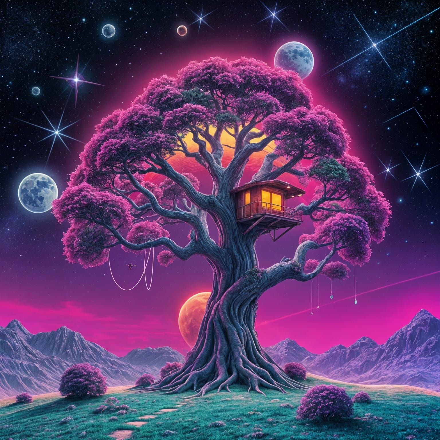 Futuristic Treehouse on Alien Planet in Synthwave Style