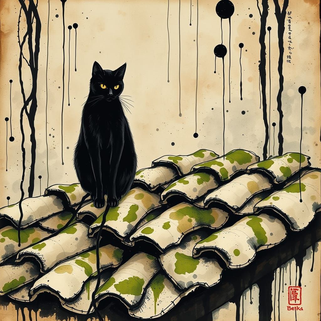 Black Cat on Tiled Roof in Ink Wash Style