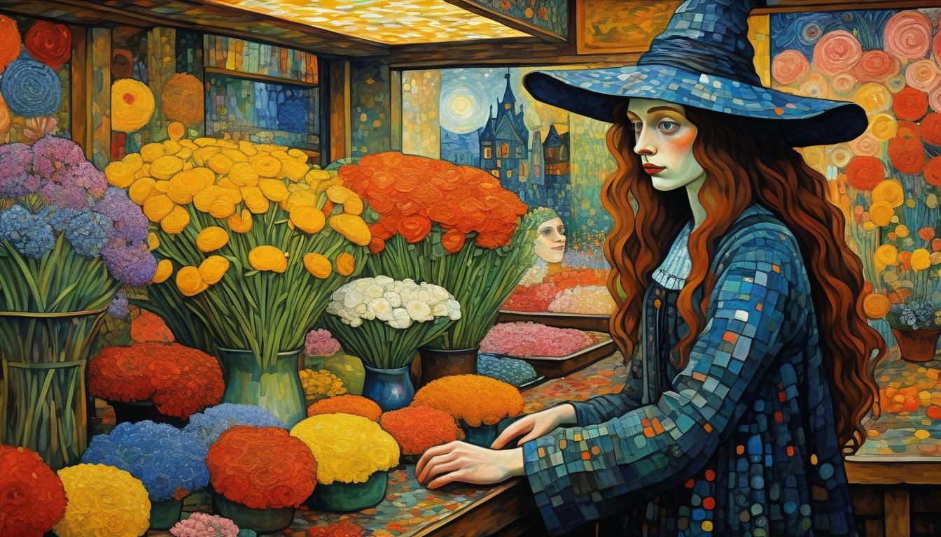 Enchanting Witch in Flower Shop: Fine Art Gouache