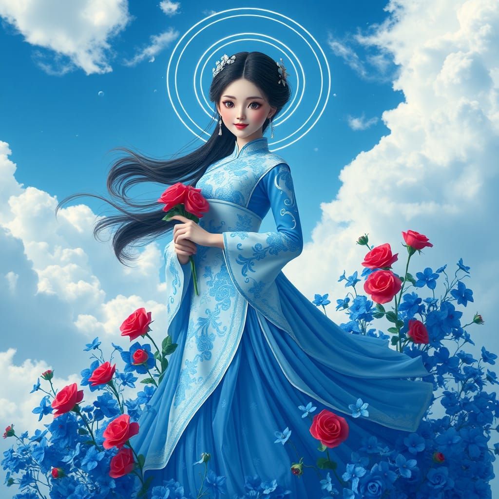 Hanfu Girl in Sky with Roses: Surrealist Art