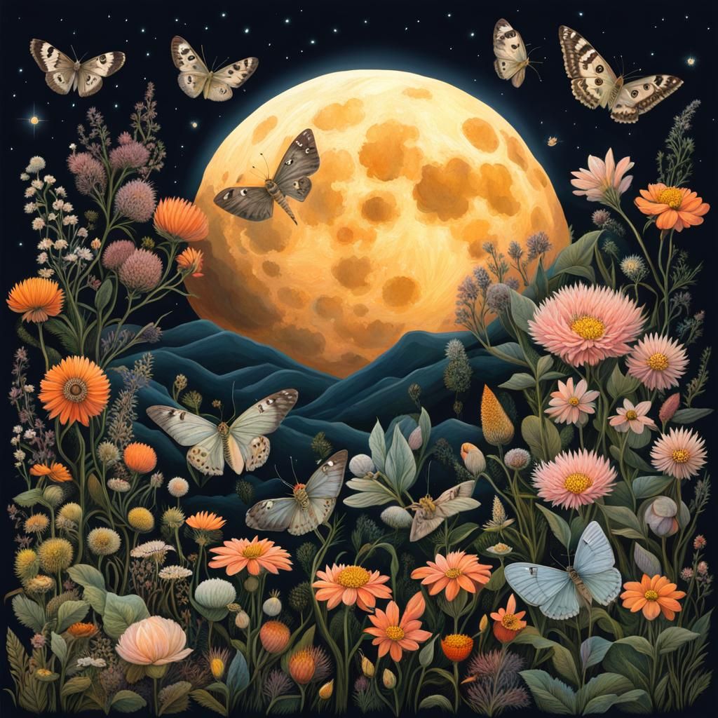 Moths and Moonlit Flowers in Hyperdetail
