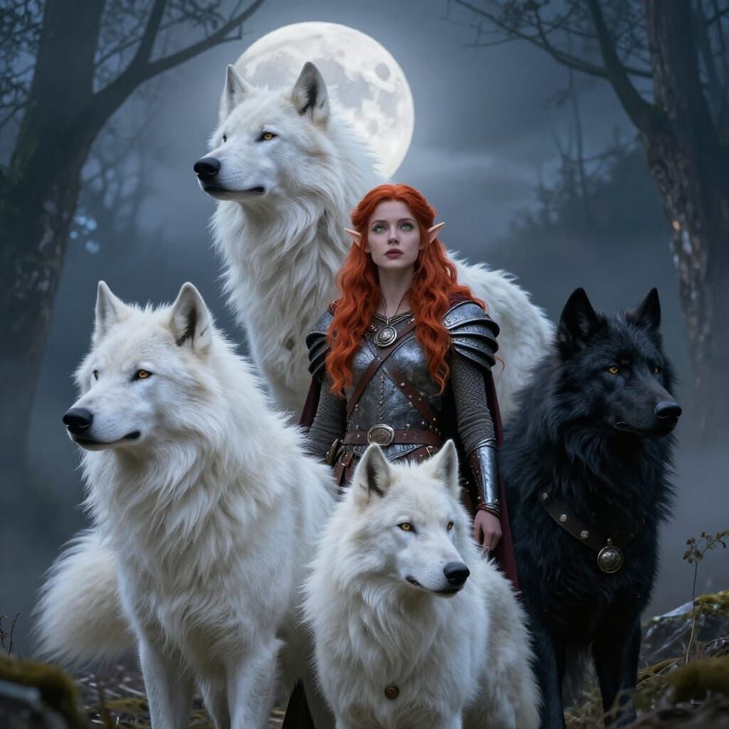 Werewolf and Elf Viking Warriors Under Full Moon