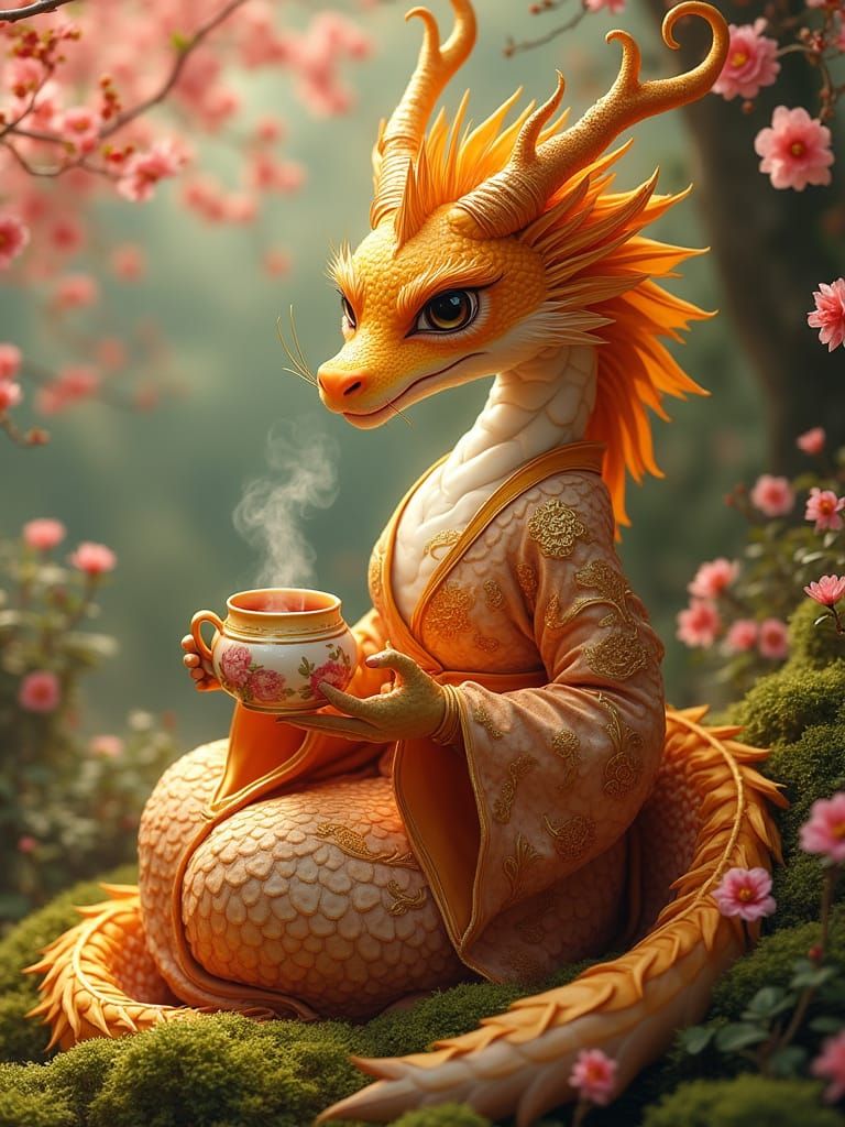 Eastern Gold Dragoness in Whimsical Garden Sanctuary