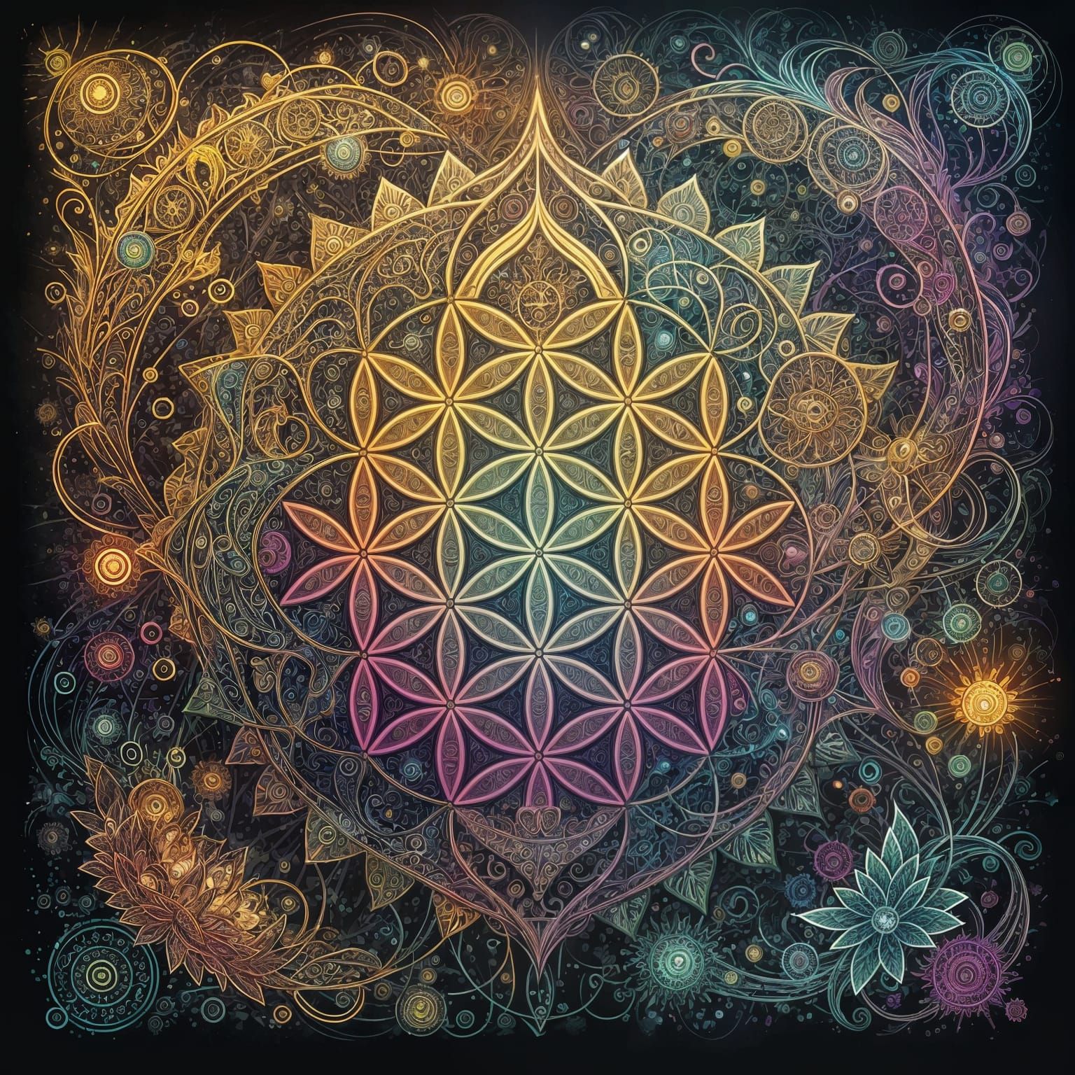 Intricate Colorful Lotus of Life Illustration