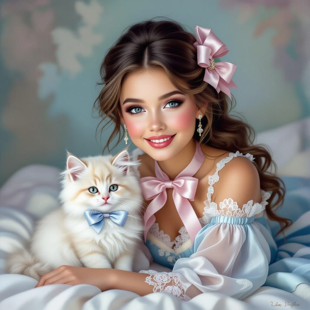 Girl with Kitten in Whimsical Abstract Style