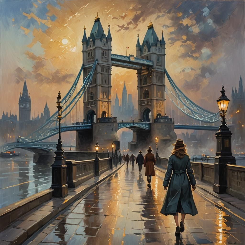 Woman Walking Beside Tower Bridge as Oil Painting