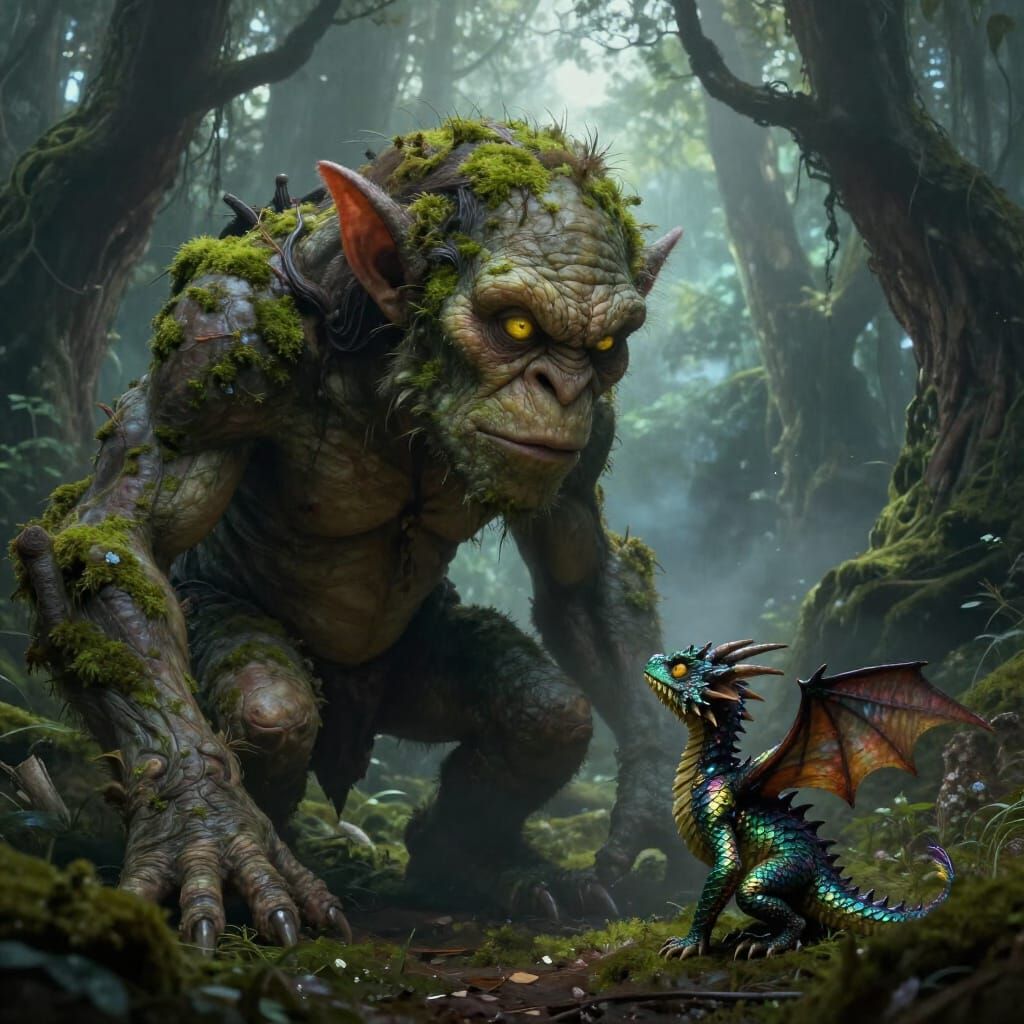 Ancient Troll Confronts Tiny Dragon in Ethereal Forest