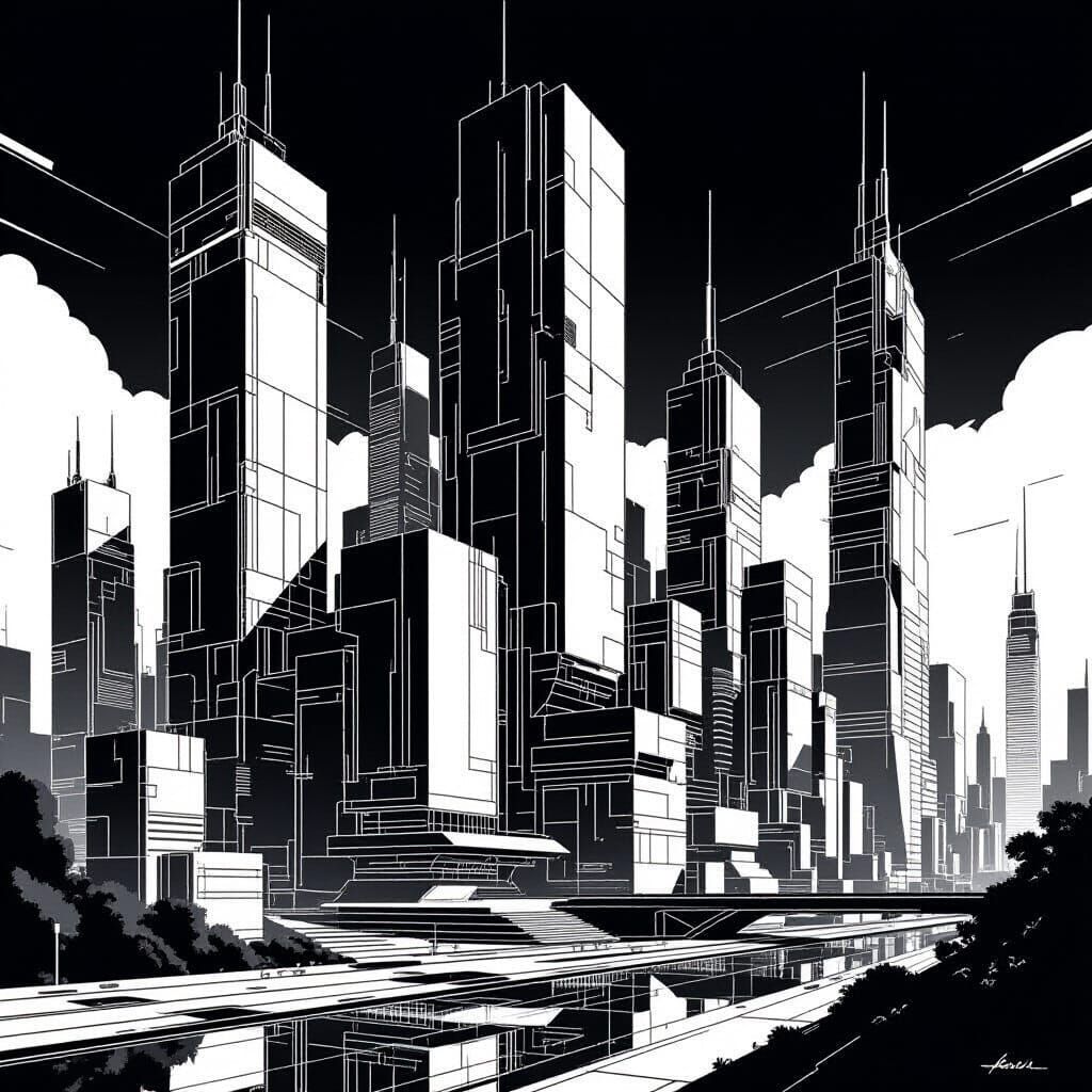 Futuristic Wire-Frame Buildings in Black and White