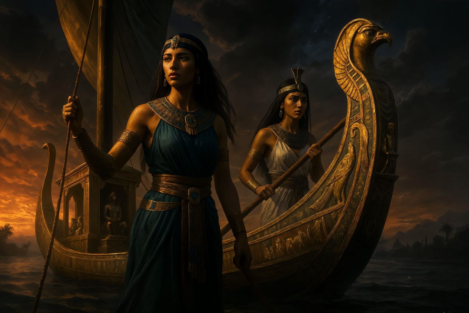Egyptian Women on Royal Barge, Photorealistic Epic Fantasy