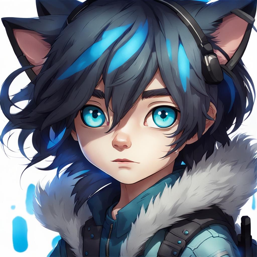 Young Boy with Cat Features, Blue Highlights