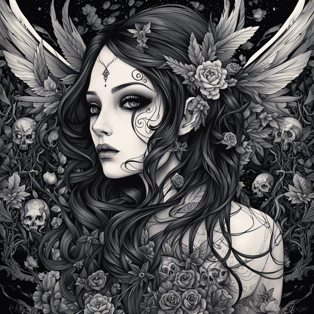 Angelic Fairy Ink Drawing with Skull Motifs