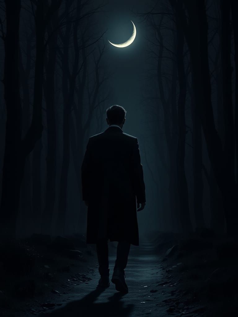 Man Walks Forest Path Under Moonlight in 8K Digital Painting