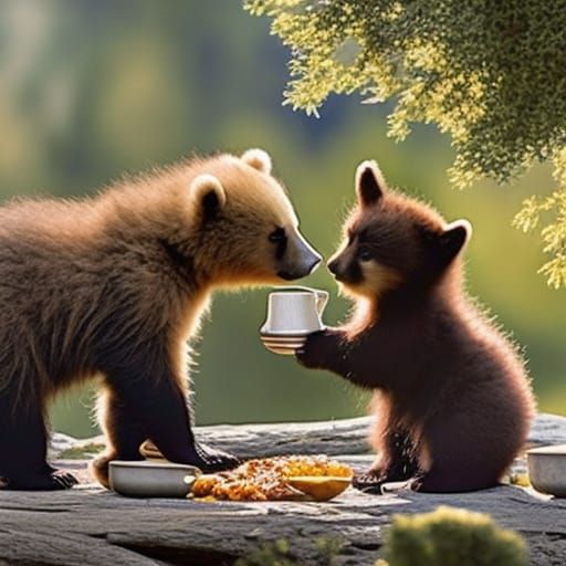 Baby Bear and Kitten Share Breakfast
