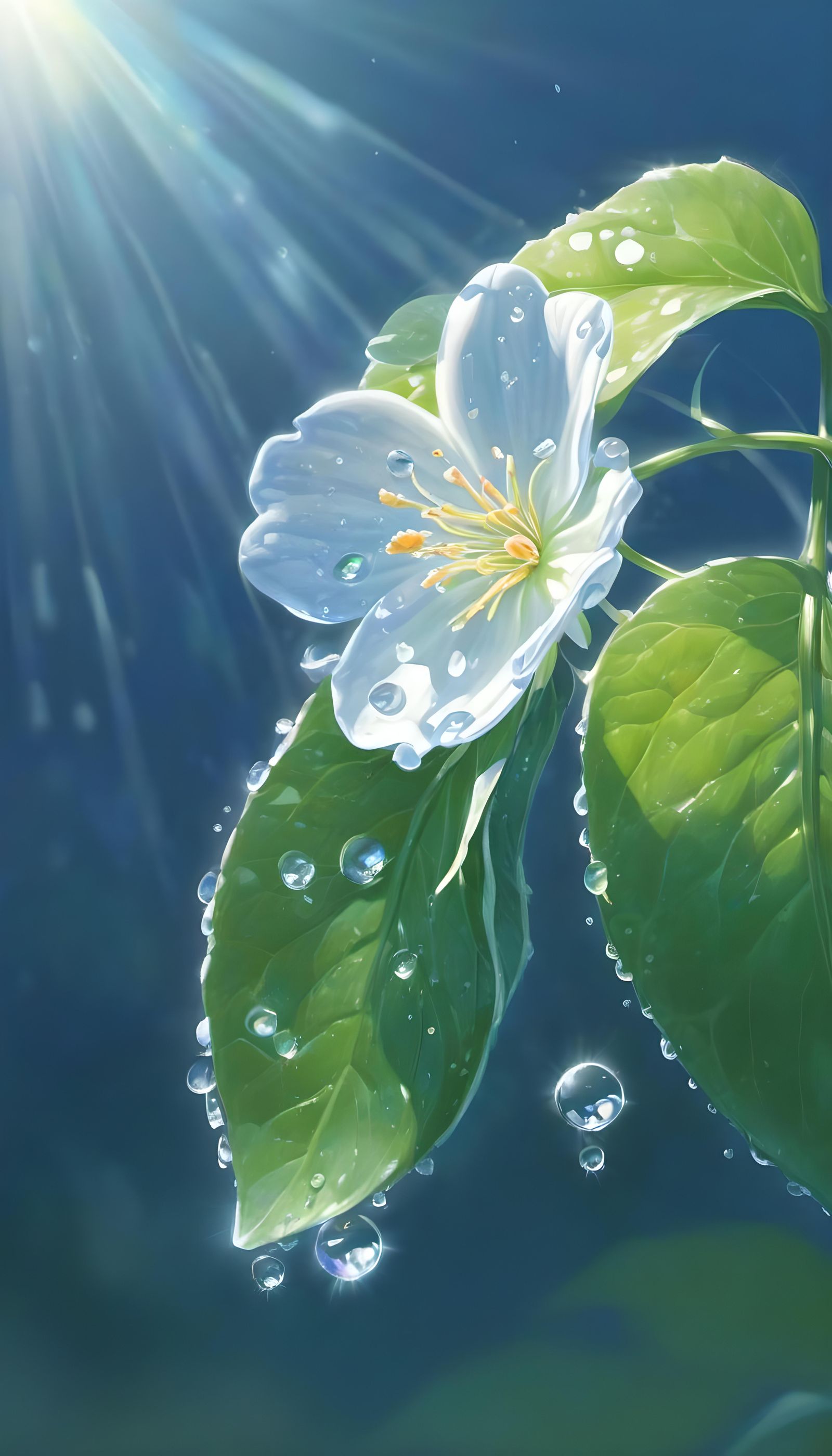 Iridescent Dew Drop on White Flower, Anime Style