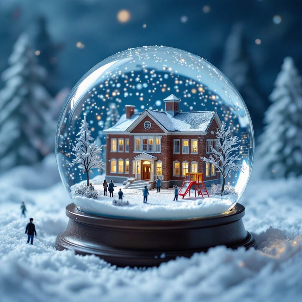 Snow Globe School Diorama in Staged Photography Style