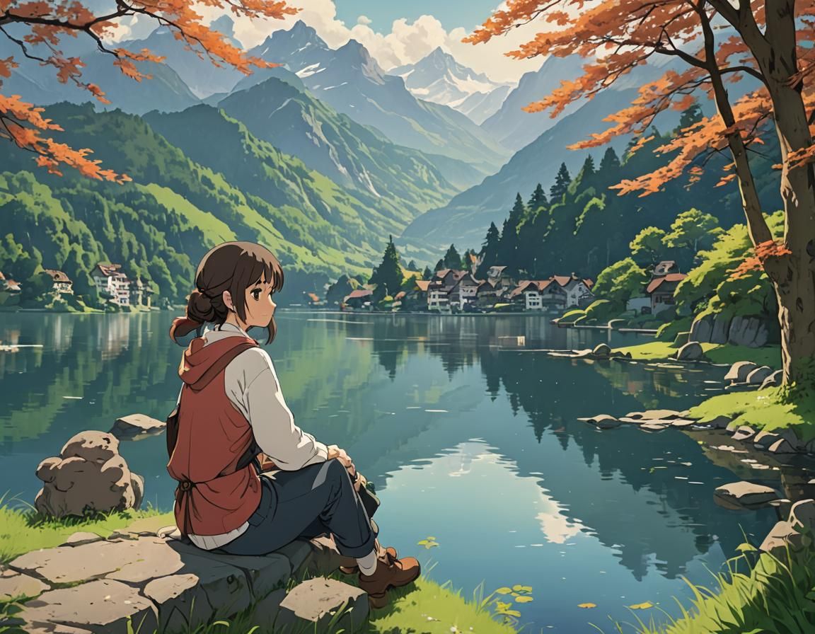 Ghibli Girl by Lake Lucerne, Anime Style