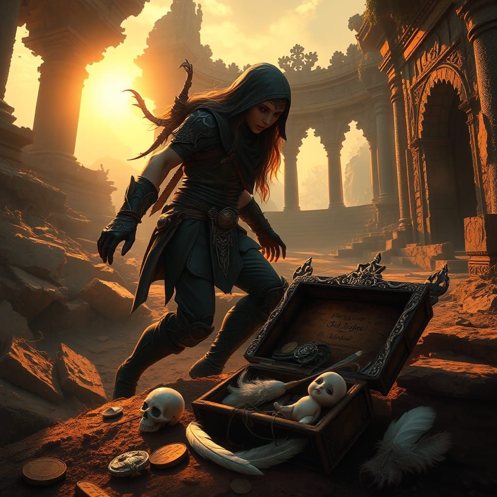 Elven Rogue in Ruined Temple, Fantasy Art