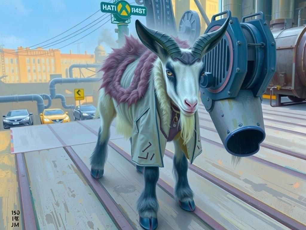 Goat in Cyberpunk Cityscape