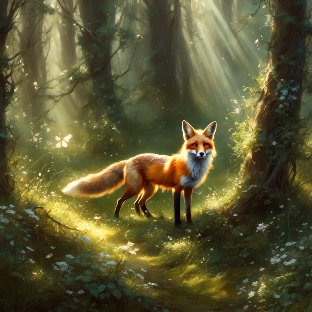 Fox Bathed in Sunlight in Forest Scene