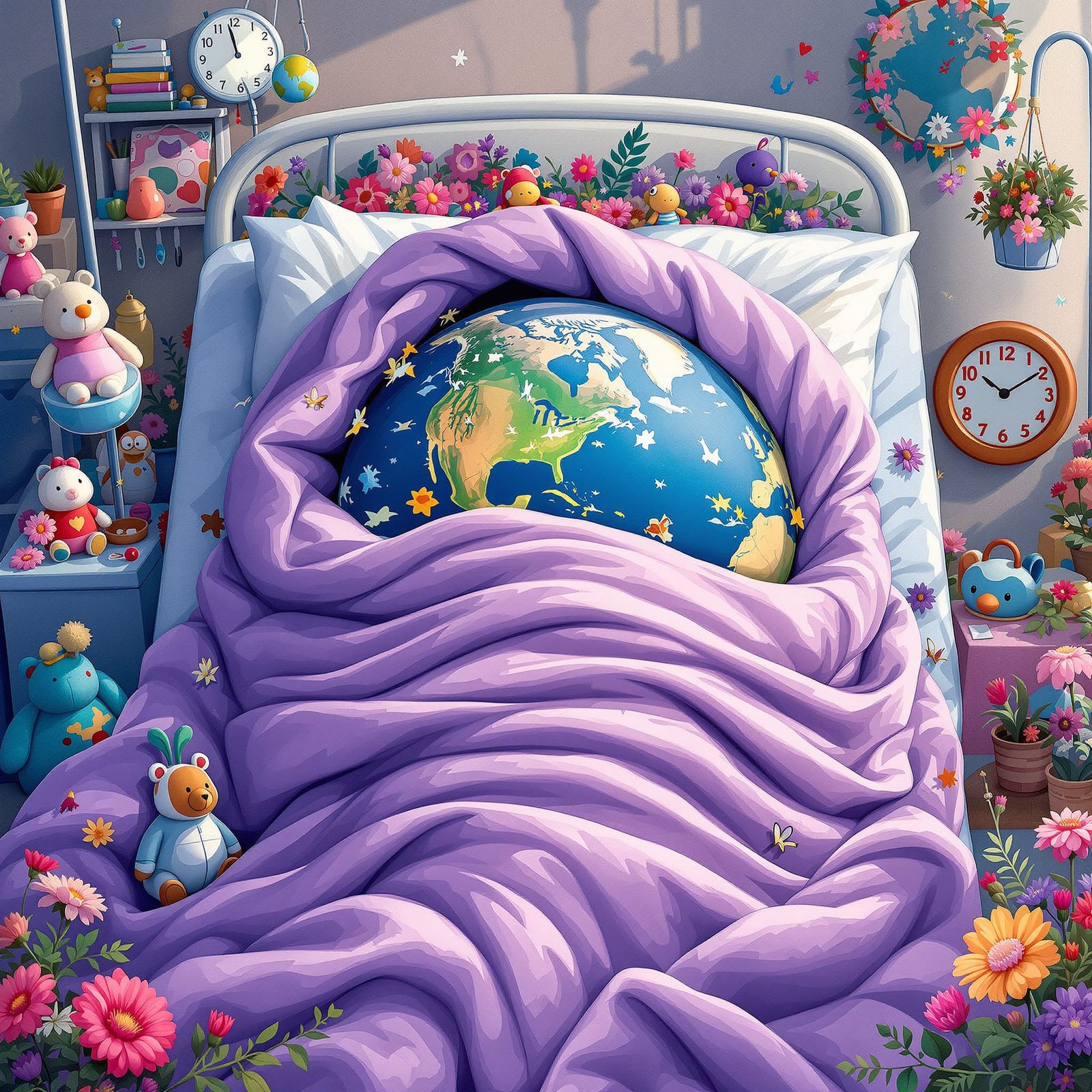 Healing Earth in Hospital Bed with Flowers and Toys