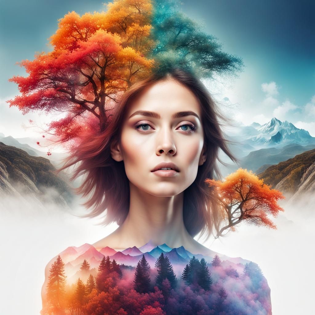 Double Exposure: Woman and Colorful Nature