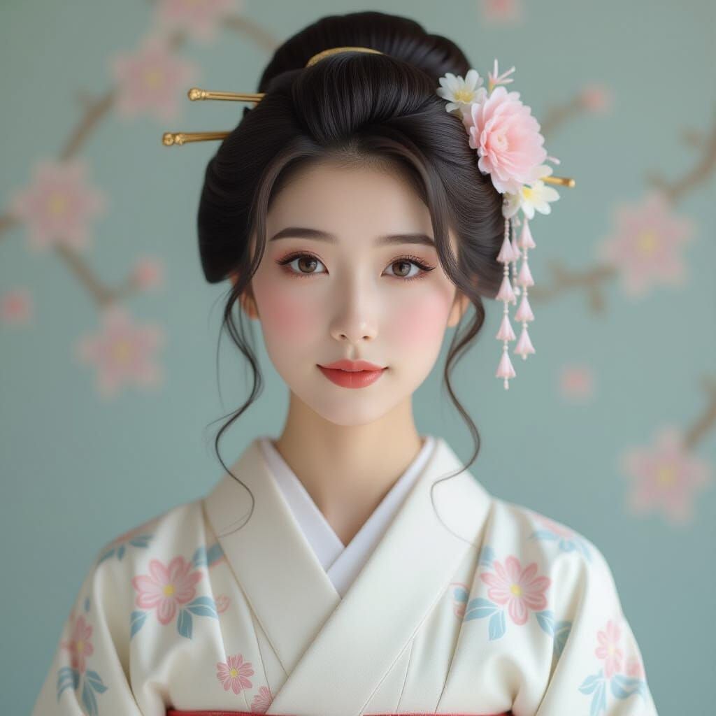 Beautiful Japanese Girl Portrait in Art Nouveau Style