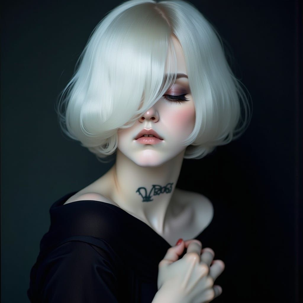 Mysterious White-Haired Woman with Tattoo in Art Nouveau Sty...
