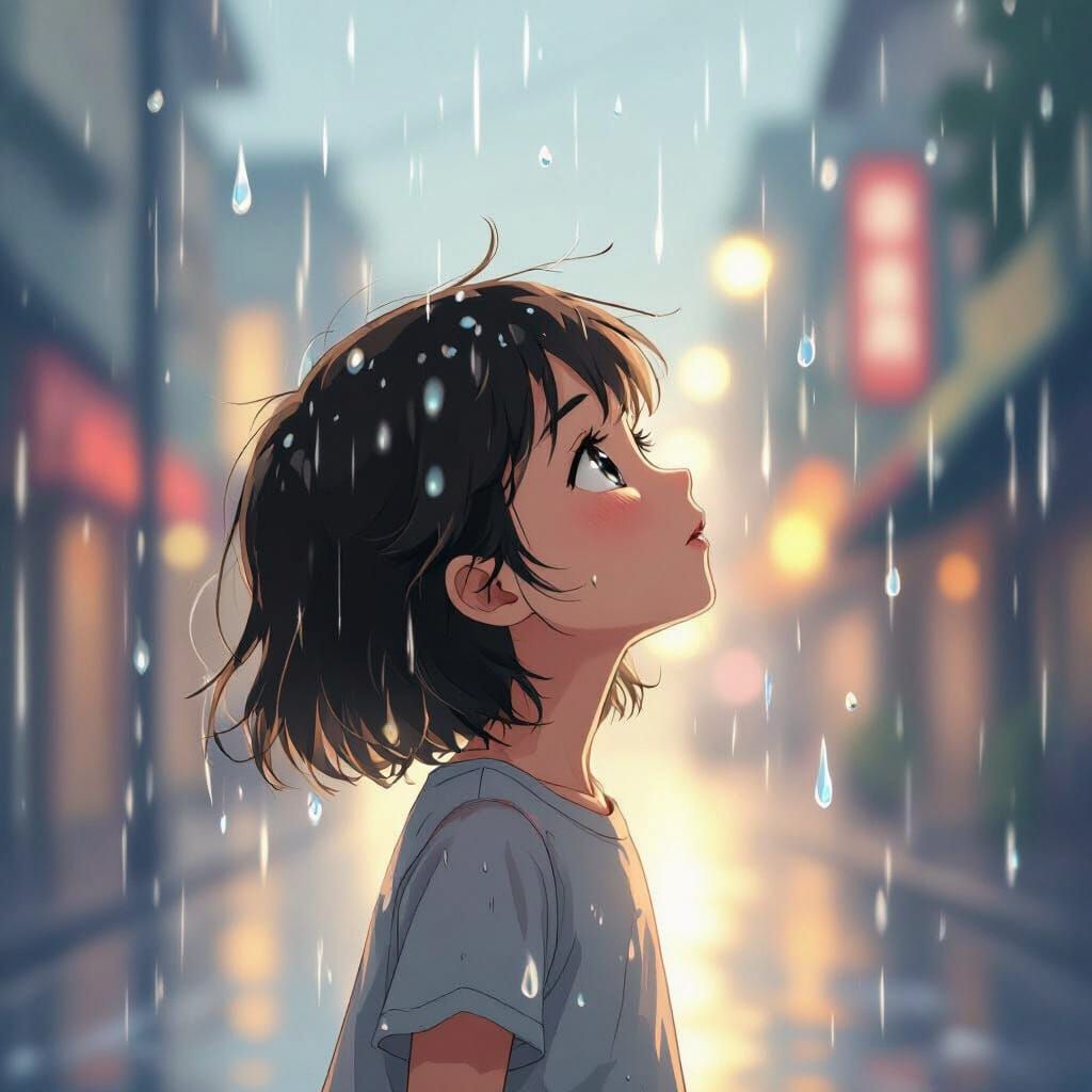 Girl Standing in Rain Anime Style