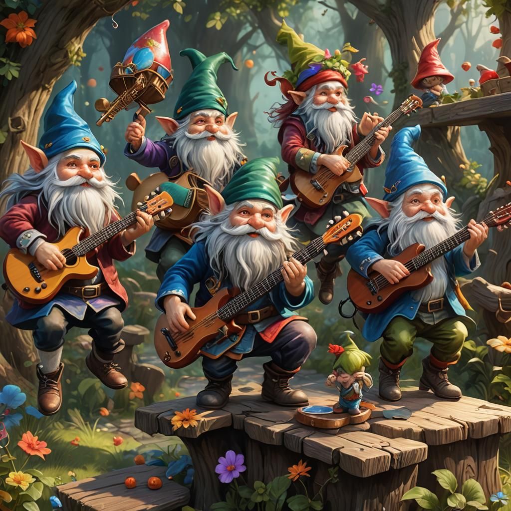 Gnomes Playing Music at a Party: Digital Art