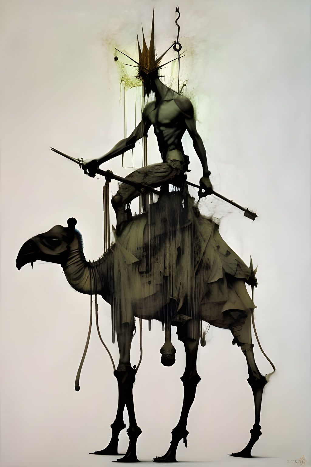 Surreal Crowned Humanoid on Camel, Mixed Media Art