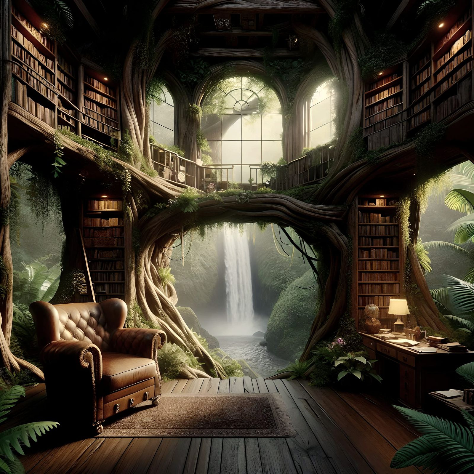 Treehouse Library with Jungle Waterfall View