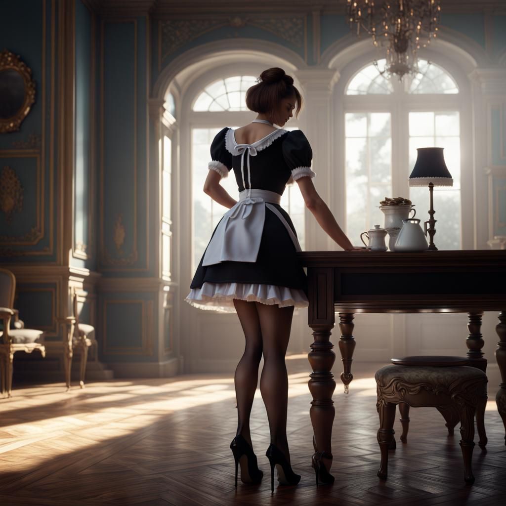 French Maid Cleaning in Mansion: Detailed Digital Painting