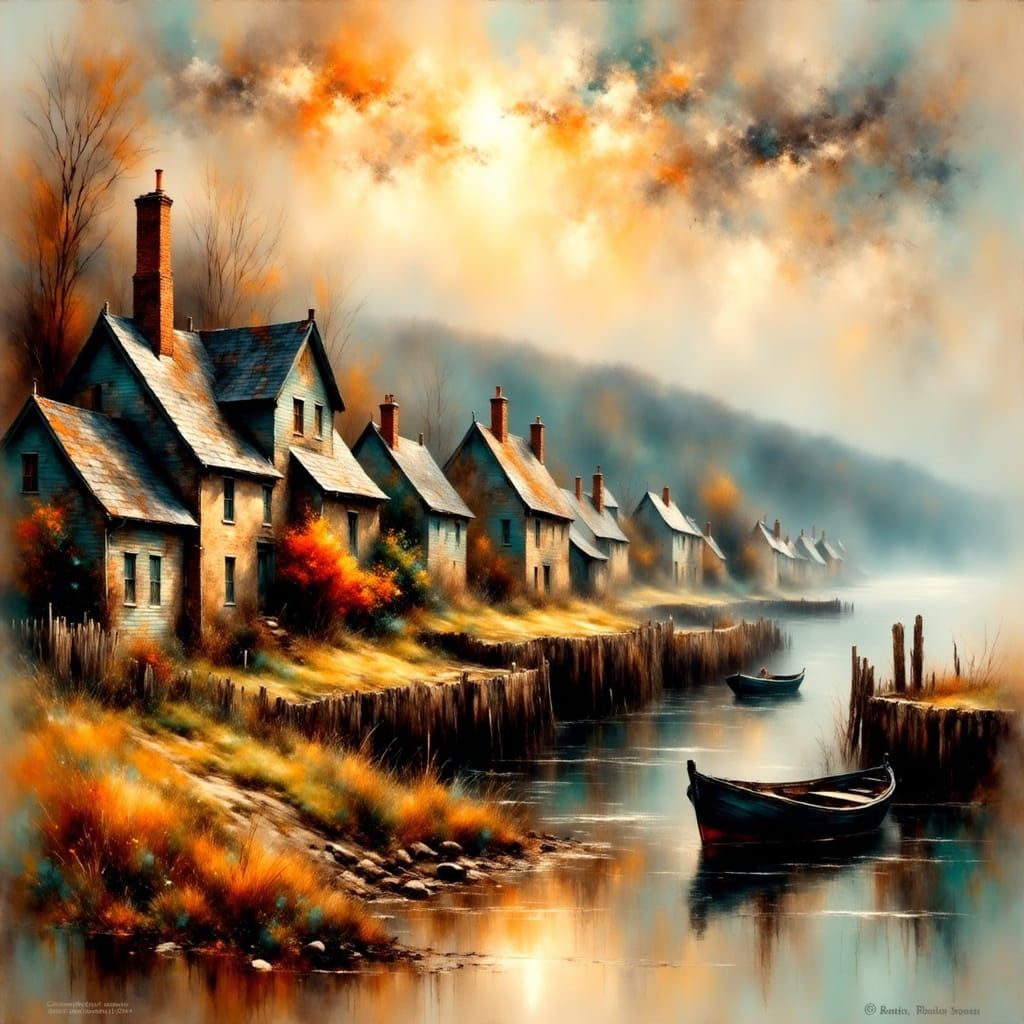 <lora:ImpressionistMusings:1.0> Beautiful, captivating village in Atlantic Canada with maritime-style houses at the wate...