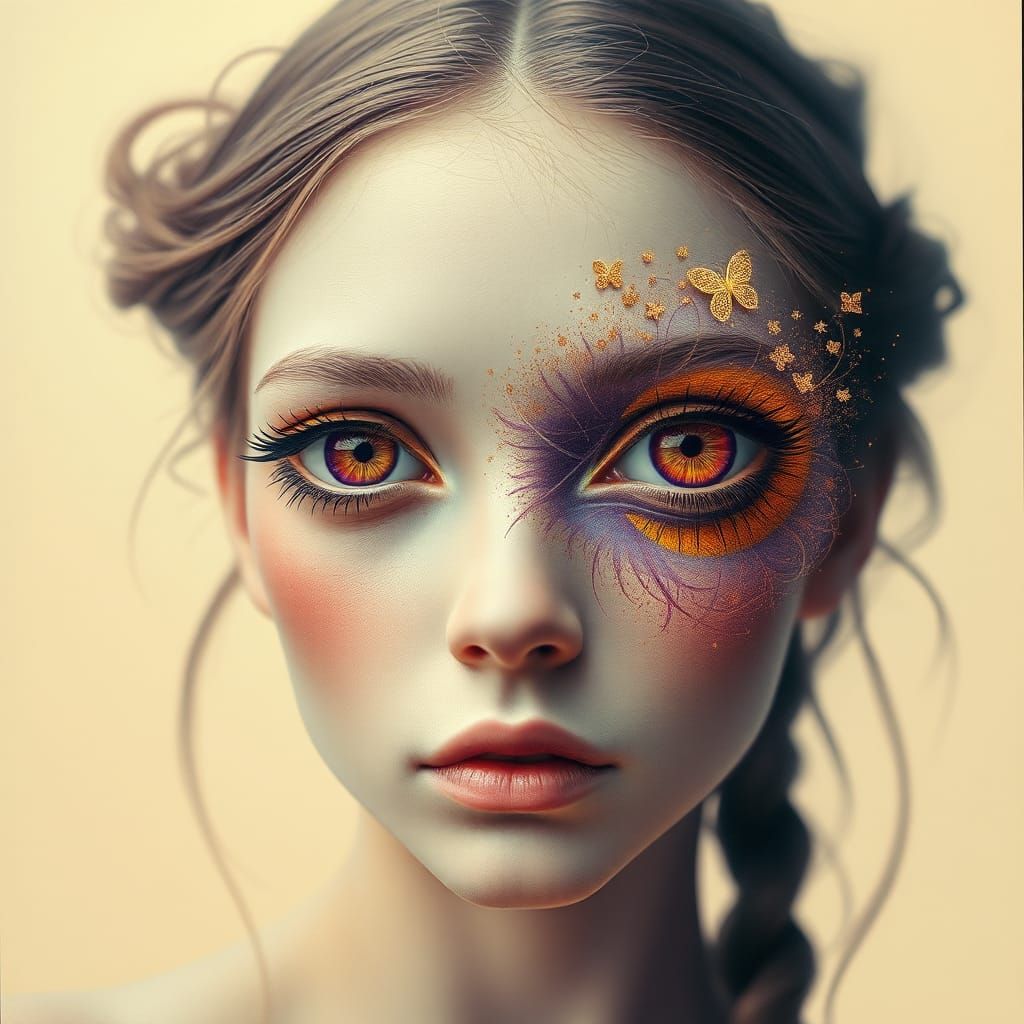 Surreal Portrait with Irises in Retro Style